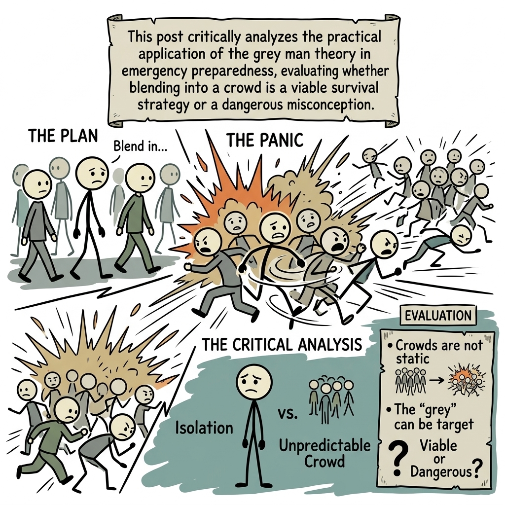 SC-style illustration for This post critically analyzes the practical application of the grey man theory in emergency preparedness, evaluating whether blending into a crowd is a viable survival strategy or a dangerous misconception.