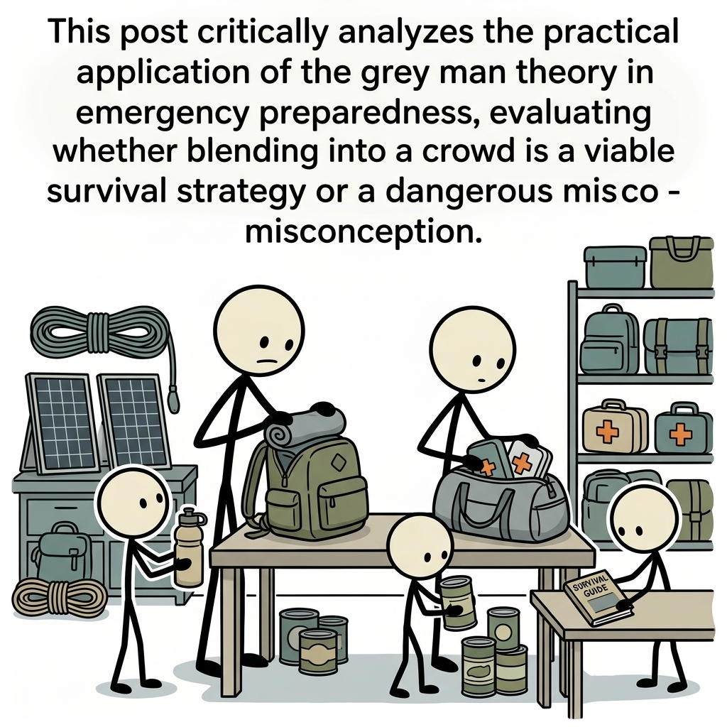 SC-style illustration for This post critically analyzes the practical application of the grey man theory in emergency preparedness, evaluating whether blending into a crowd is a viable survival strategy or a dangerous misconception.