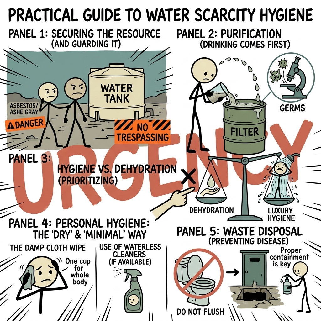 SC-style illustration for Practical guide to maintaining hygiene during water scarcity emergencies