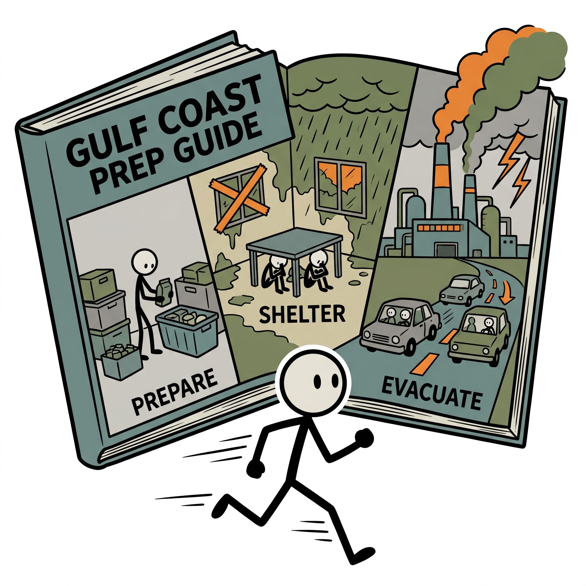 SC-style illustration for A comprehensive guide tailored for Gulf Coast residents on how to prepare for, shelter from, and safely evacuate during industrial petrochemical leaks and hazardous material emergencies compounded by severe weather events.