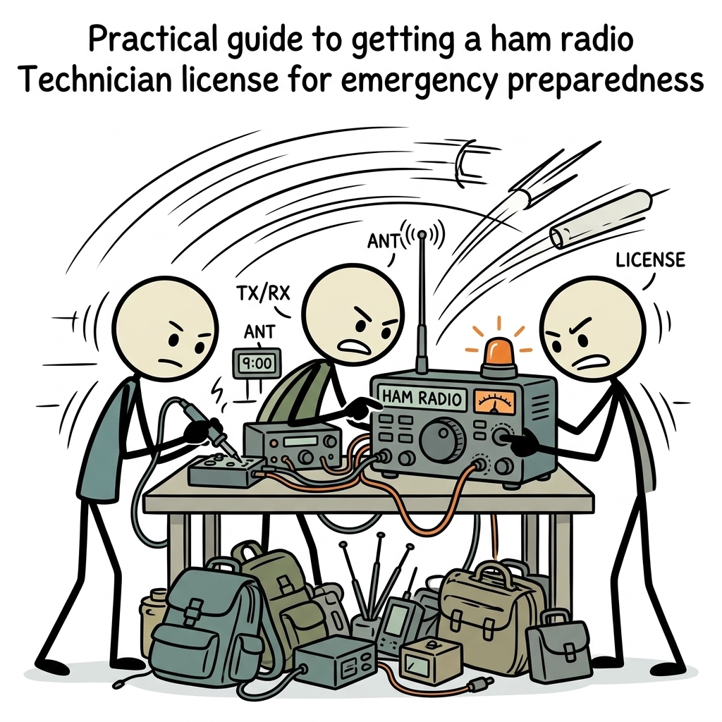 SC-style illustration for Practical guide to getting a ham radio Technician license for emergency preparedness