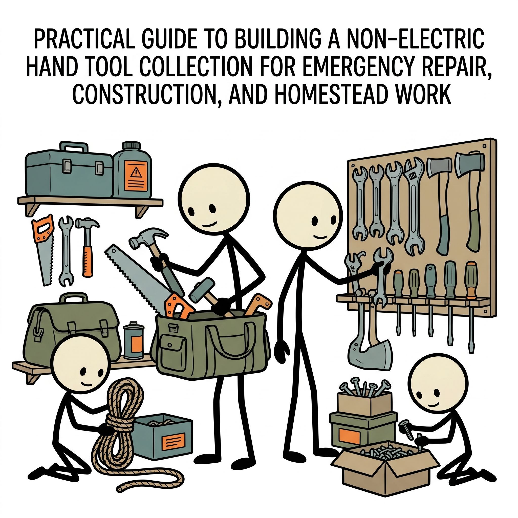 SC-style illustration for Practical guide to building a non-electric hand tool collection for emergency repair, construction, and homestead work