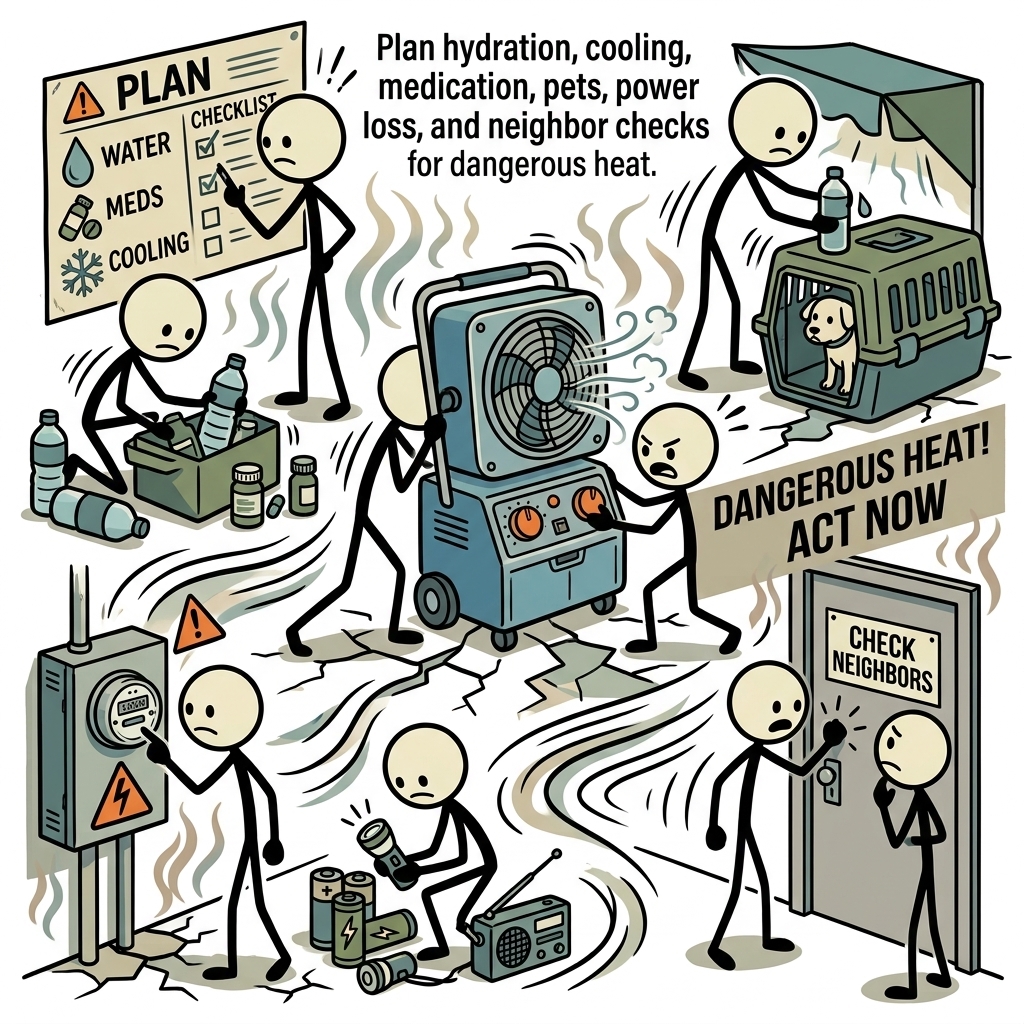 SC-style illustration for Plan hydration, cooling, medication, pets, power loss, and neighbor checks for dangerous heat.