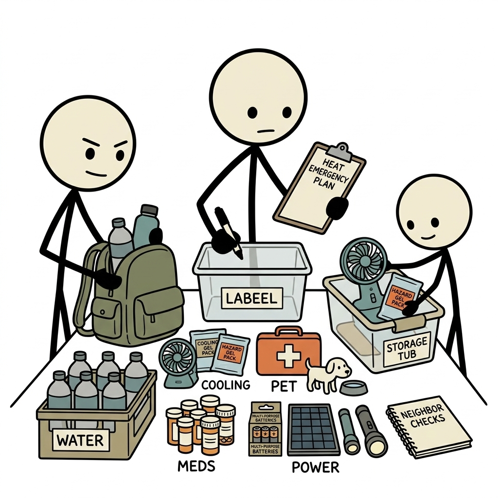 SC-style illustration for Plan hydration, cooling, medication, pets, power loss, and neighbor checks for dangerous heat.