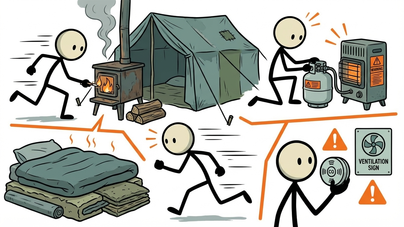SC-style illustration for non-electric home heating options for emergencies including propane, wood, passive heat retention, and CO safety