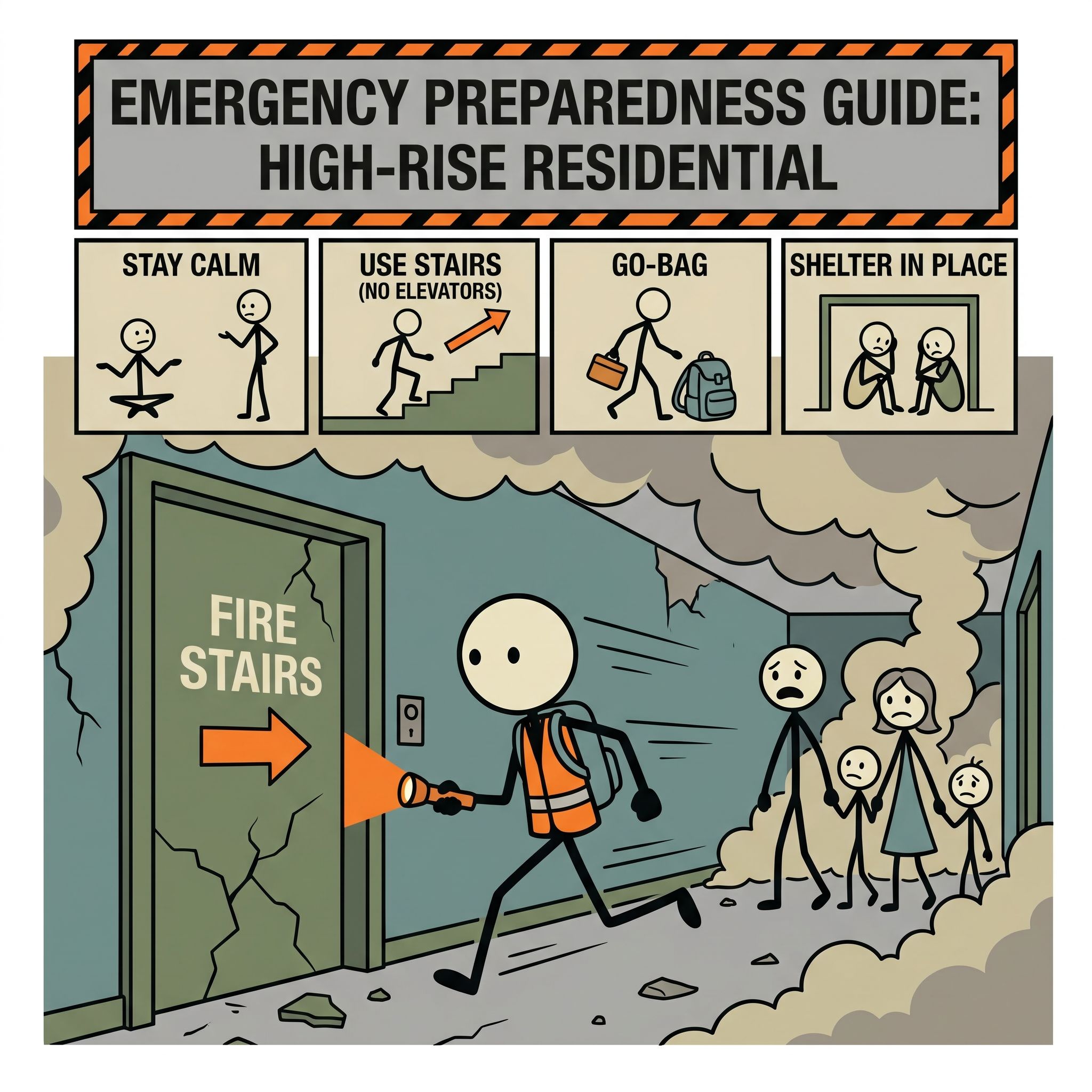 SC-style illustration for Emergency preparedness guide specific to high-rise residential buildings