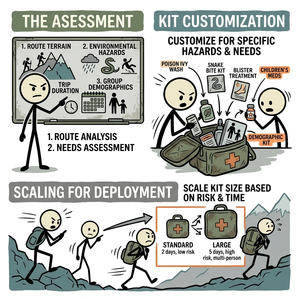 SC-style illustration for A tactical guide detailing how to customize and scale a hiking first aid kit based on route terrain, environmental hazards, trip duration, and group demographics.