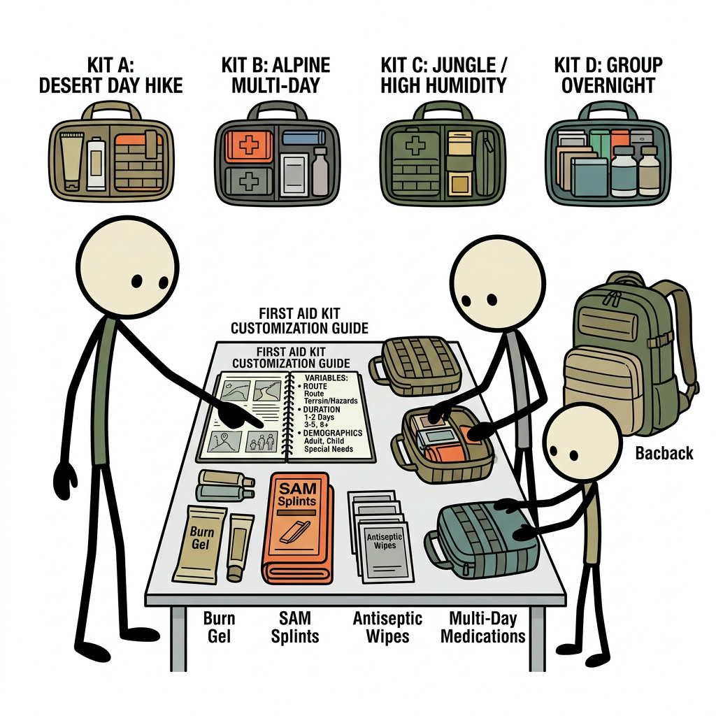 SC-style illustration for A tactical guide detailing how to customize and scale a hiking first aid kit based on route terrain, environmental hazards, trip duration, and group demographics.