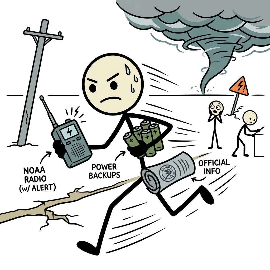 SC-style illustration for Choose and use NOAA-capable radios, alert settings, power backups, and official information sources.