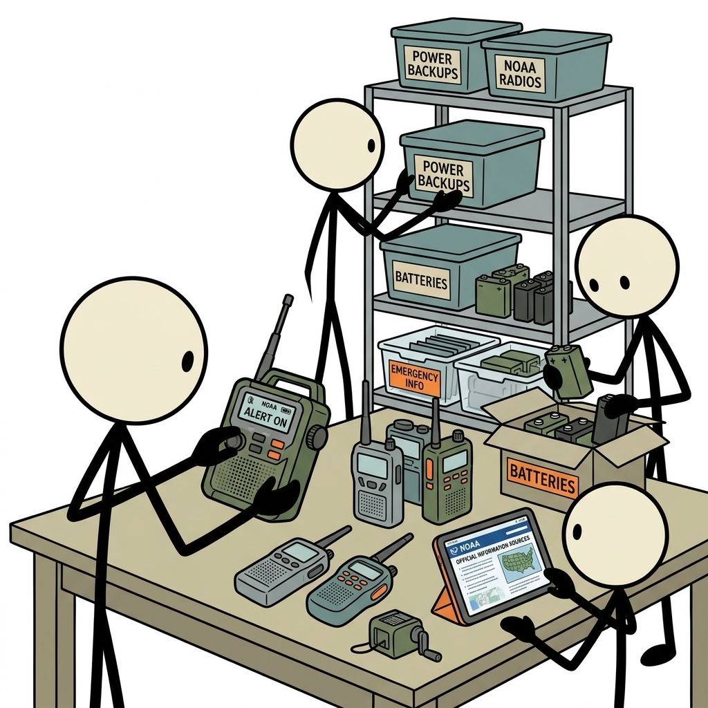 SC-style illustration for Choose and use NOAA-capable radios, alert settings, power backups, and official information sources.