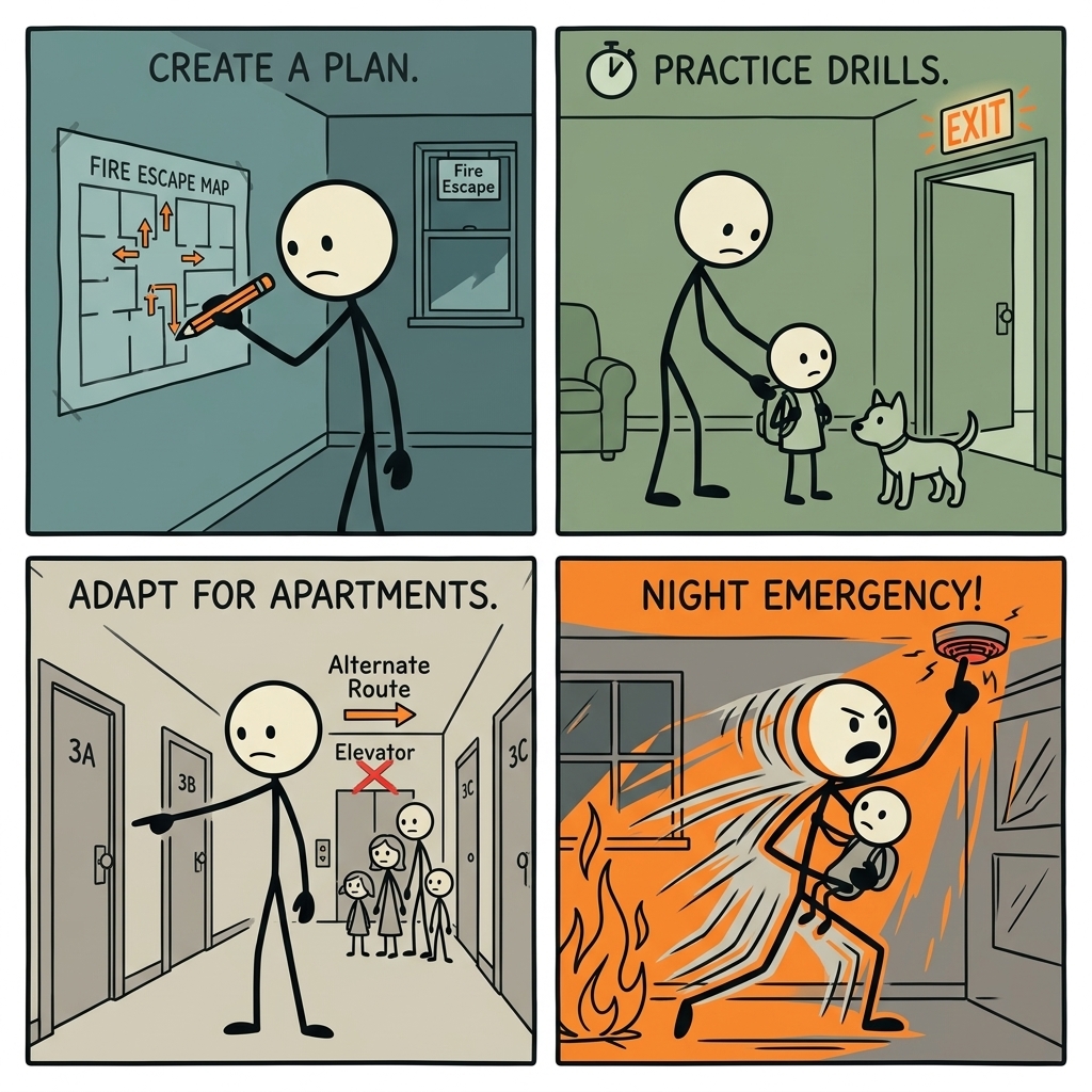SC-style illustration for Create, practice, and adapt a fire escape plan for children, pets, apartments, and night-time emergencies.