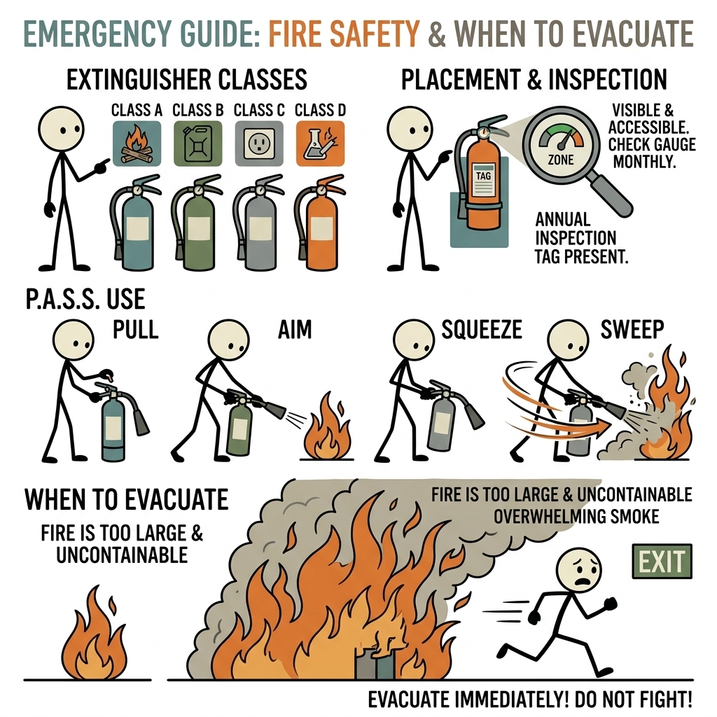 SC-style illustration for Explain extinguisher classes, placement, inspection, PASS use, and when to evacuate instead.
