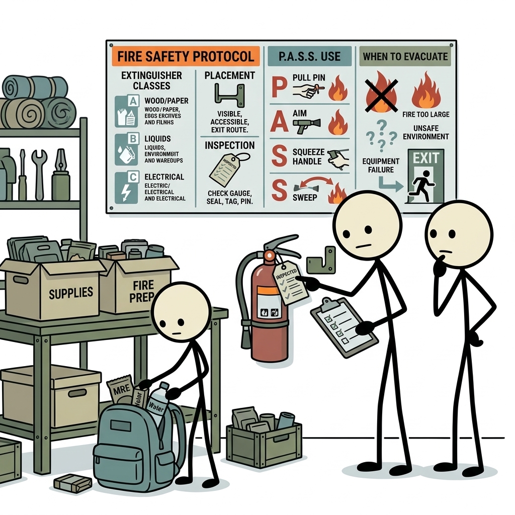 SC-style illustration for Explain extinguisher classes, placement, inspection, PASS use, and when to evacuate instead.