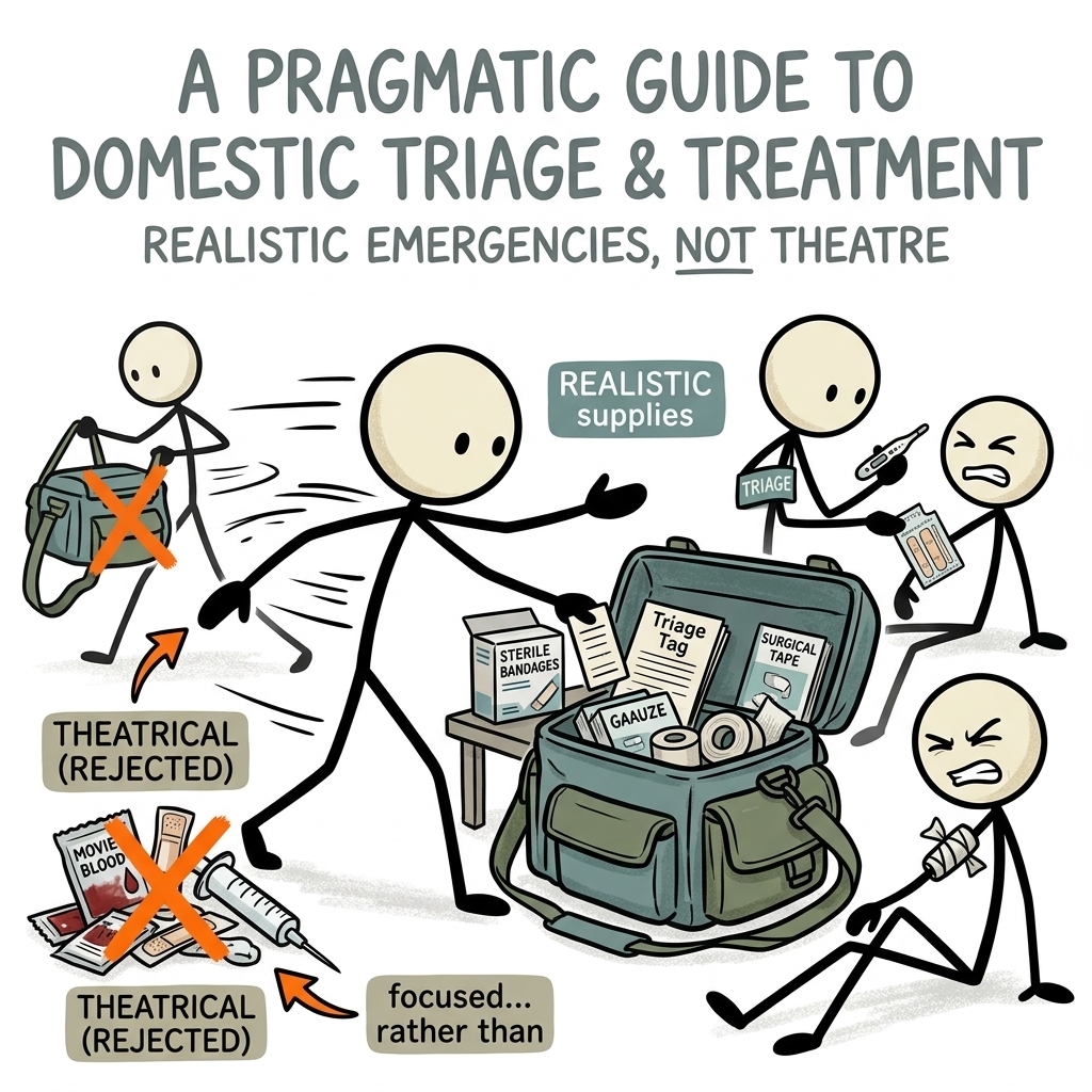 SC-style illustration for A pragmatic guide to building a domestic medical kit focused on triage and treatment of realistic household emergencies rather than theatrical medical supplies.