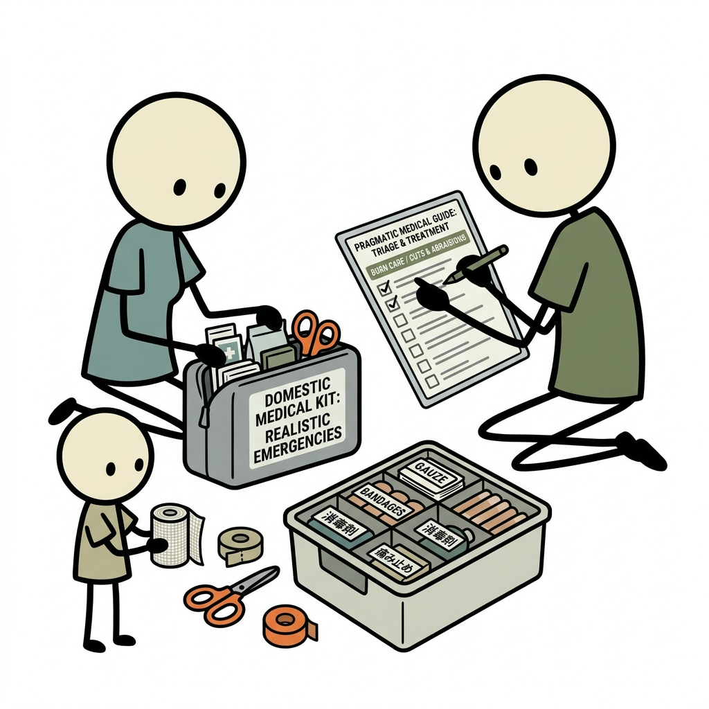 SC-style illustration for A pragmatic guide to building a domestic medical kit focused on triage and treatment of realistic household emergencies rather than theatrical medical supplies.