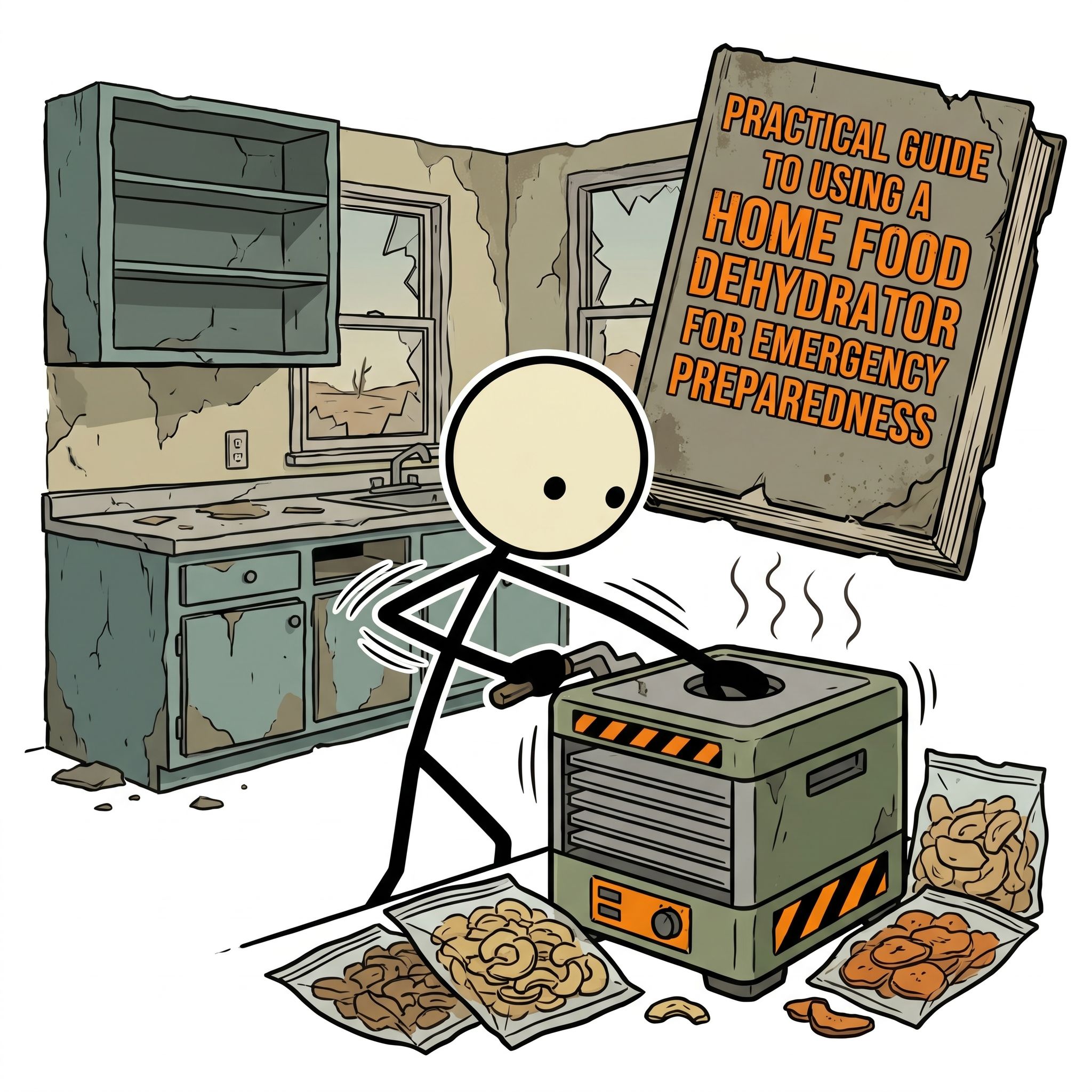 SC-style illustration for Practical guide to using a home food dehydrator for emergency preparedness