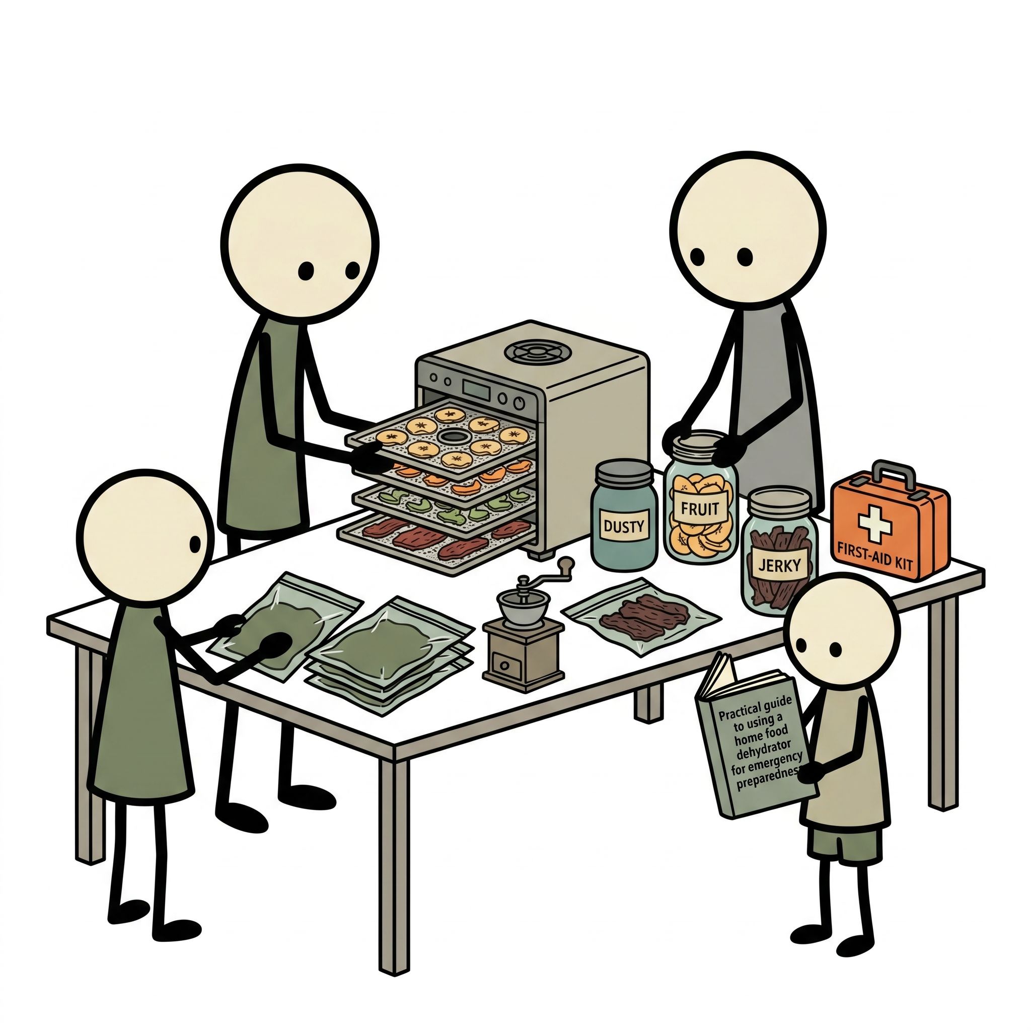 SC-style illustration for Practical guide to using a home food dehydrator for emergency preparedness