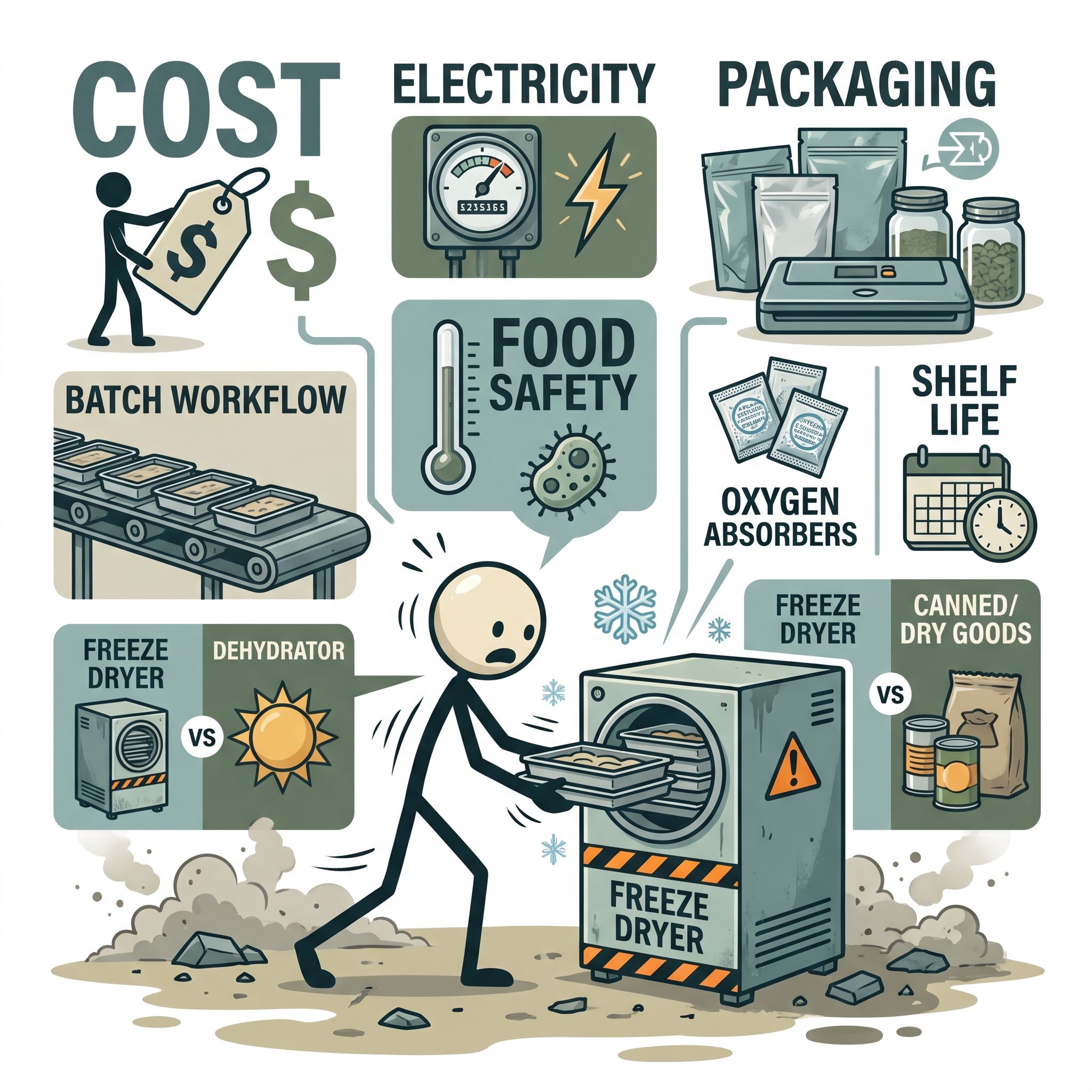 SC-style illustration for A practical buyer's guide for home freeze dryers for emergency preparedness: cost, electricity, batch workflow, food safety, packaging, oxygen absorbers, shelf life expectations, when a freeze dryer beats a dehydrator, and when ordinary canned or dry goods are smarter.
