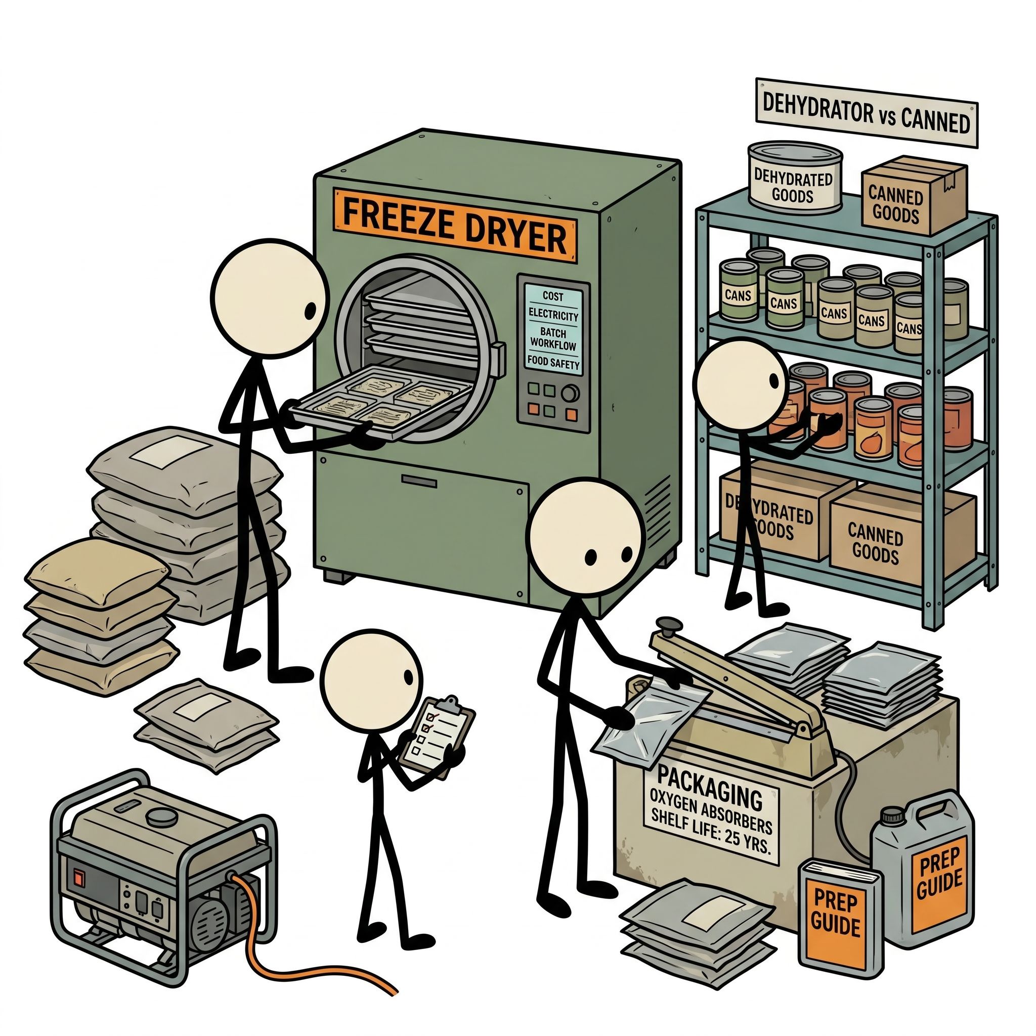 SC-style illustration for A practical buyer's guide for home freeze dryers for emergency preparedness: cost, electricity, batch workflow, food safety, packaging, oxygen absorbers, shelf life expectations, when a freeze dryer beats a dehydrator, and when ordinary canned or dry goods are smarter.