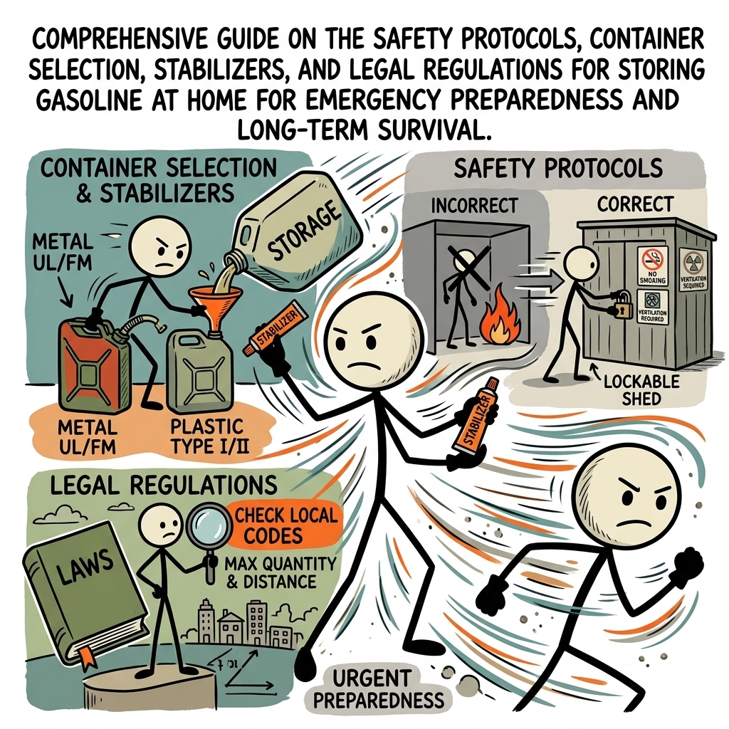 SC-style illustration for A comprehensive guide on the safety protocols, container selection, stabilizers, and legal regulations for storing gasoline at home for emergency preparedness and long-term survival.