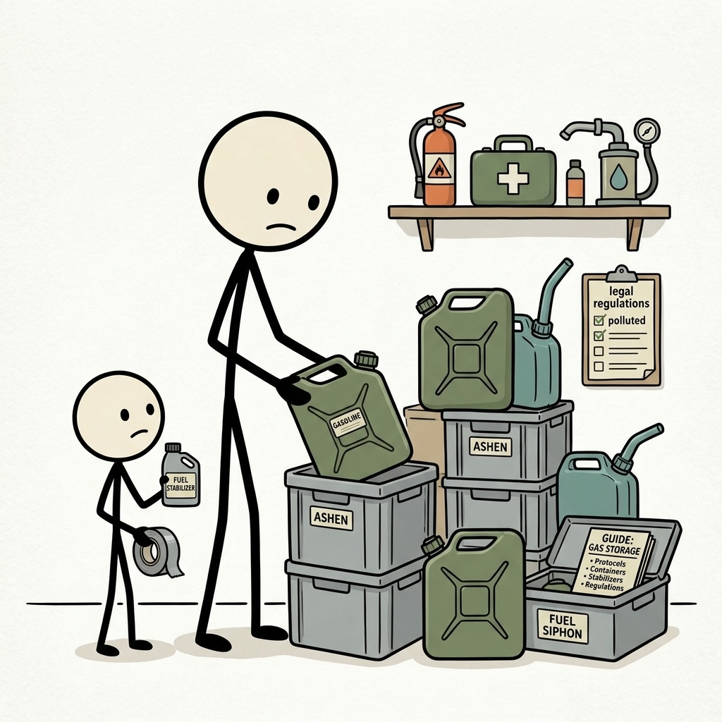 SC-style illustration for A comprehensive guide on the safety protocols, container selection, stabilizers, and legal regulations for storing gasoline at home for emergency preparedness and long-term survival.