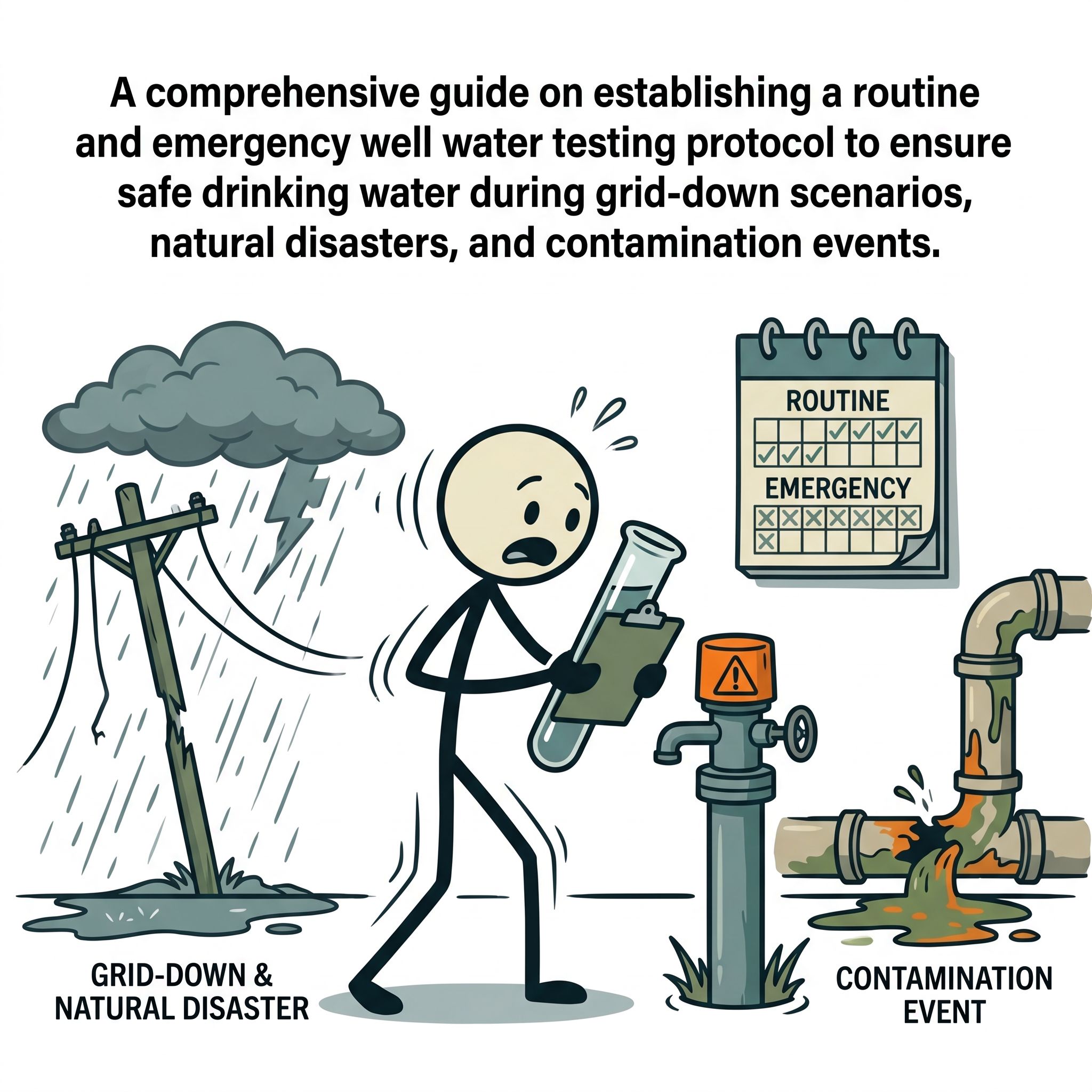 SC-style illustration for A comprehensive guide on establishing a routine and emergency well water testing protocol to ensure safe drinking water during grid-down scenarios, natural disasters, and contamination events.