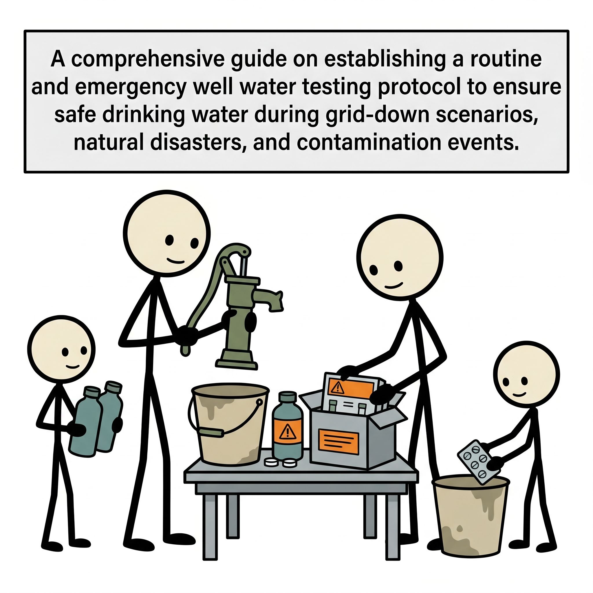 SC-style illustration for A comprehensive guide on establishing a routine and emergency well water testing protocol to ensure safe drinking water during grid-down scenarios, natural disasters, and contamination events.