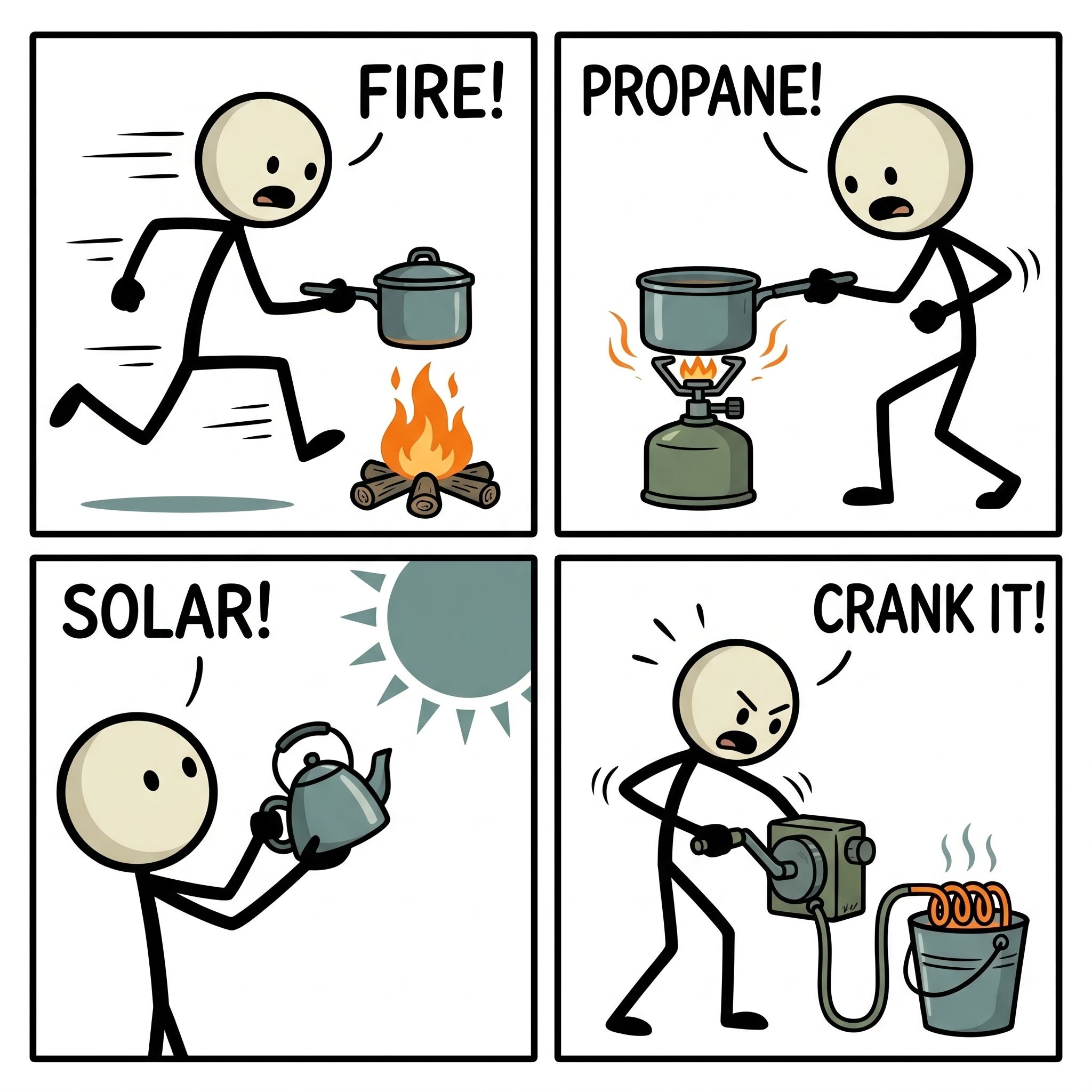 SC-style illustration for A comprehensive guide detailing safe, practical, and diverse methods for heating water during a prolonged power outage or grid-down survival scenario.