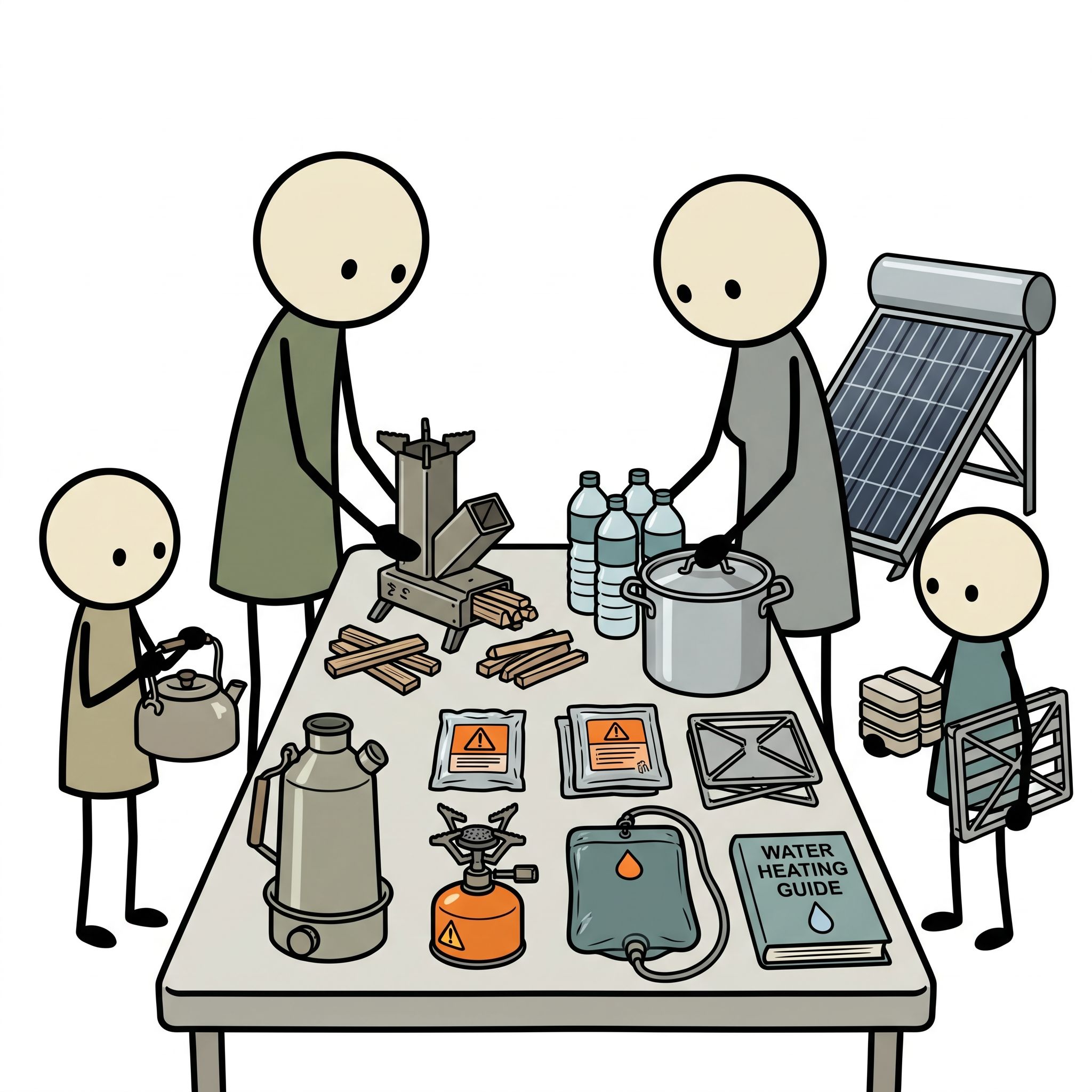 SC-style illustration for A comprehensive guide detailing safe, practical, and diverse methods for heating water during a prolonged power outage or grid-down survival scenario.