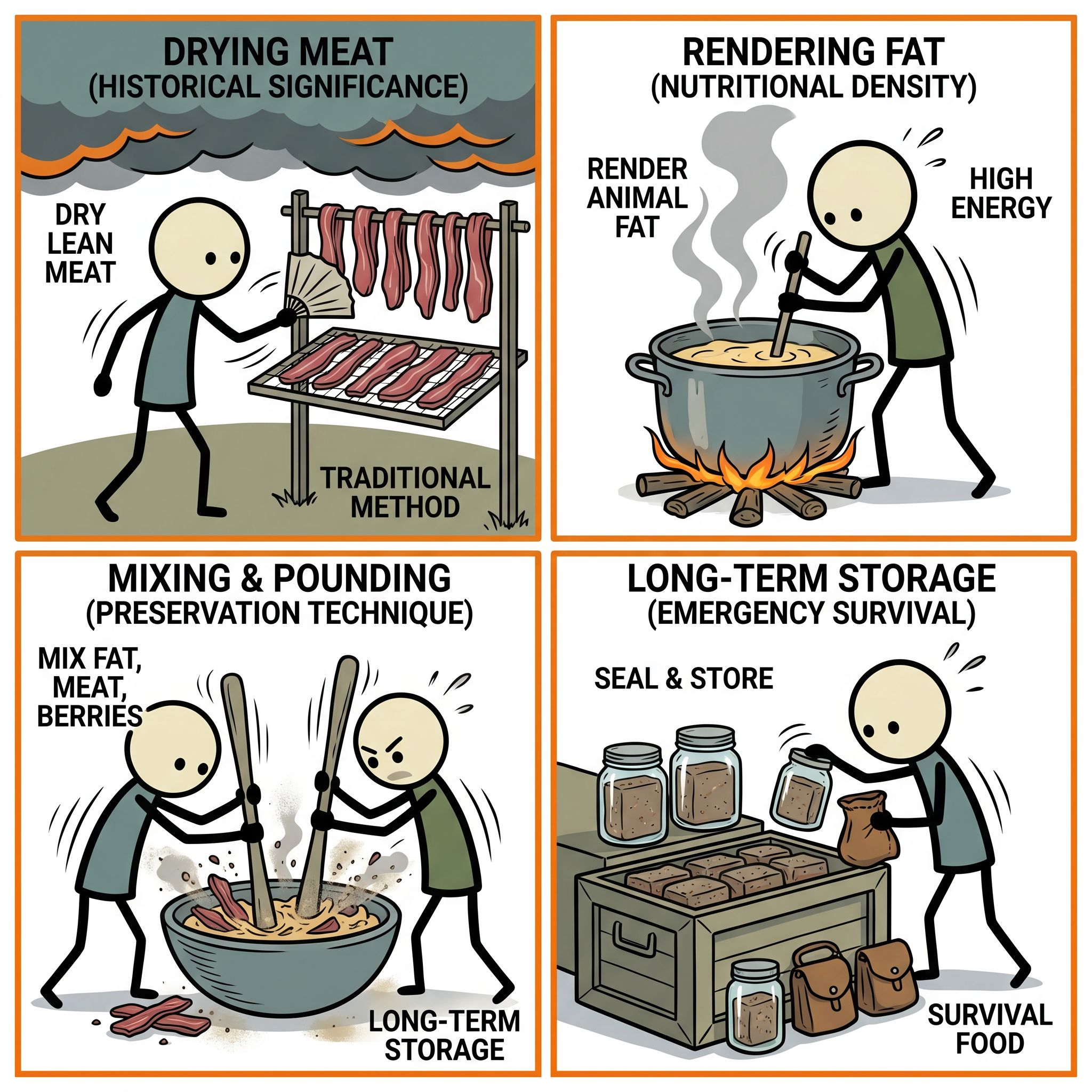 SC-style illustration for A comprehensive, step-by-step guide to making traditional pemmican, focusing on its nutritional density, historical significance, and preservation techniques for long-term emergency survival.