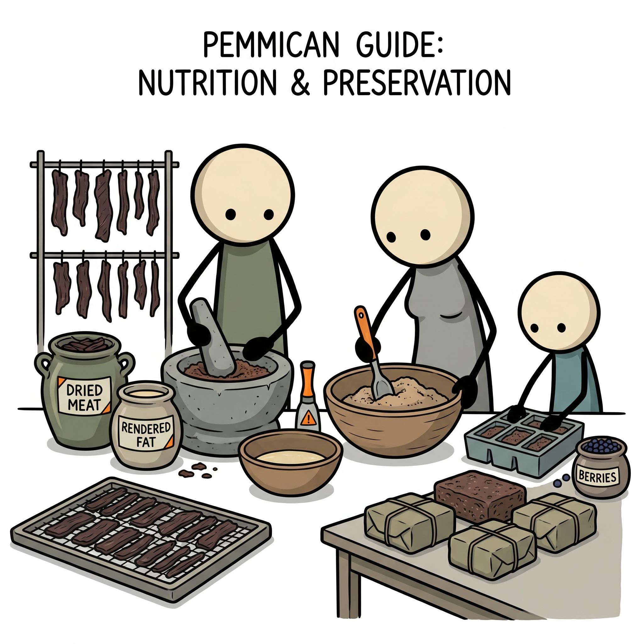 SC-style illustration for A comprehensive, step-by-step guide to making traditional pemmican, focusing on its nutritional density, historical significance, and preservation techniques for long-term emergency survival.