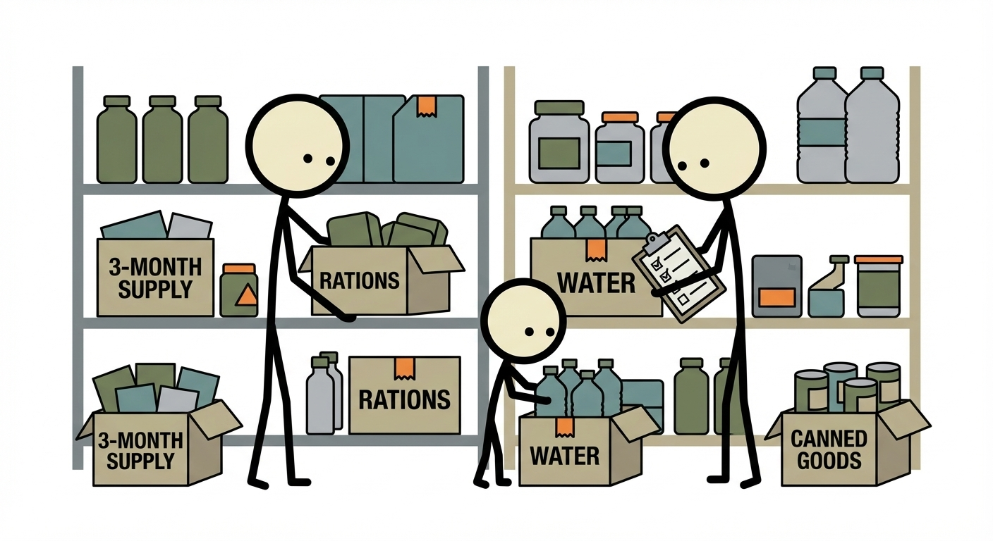 SC-style illustration for building a 3-month emergency food supply