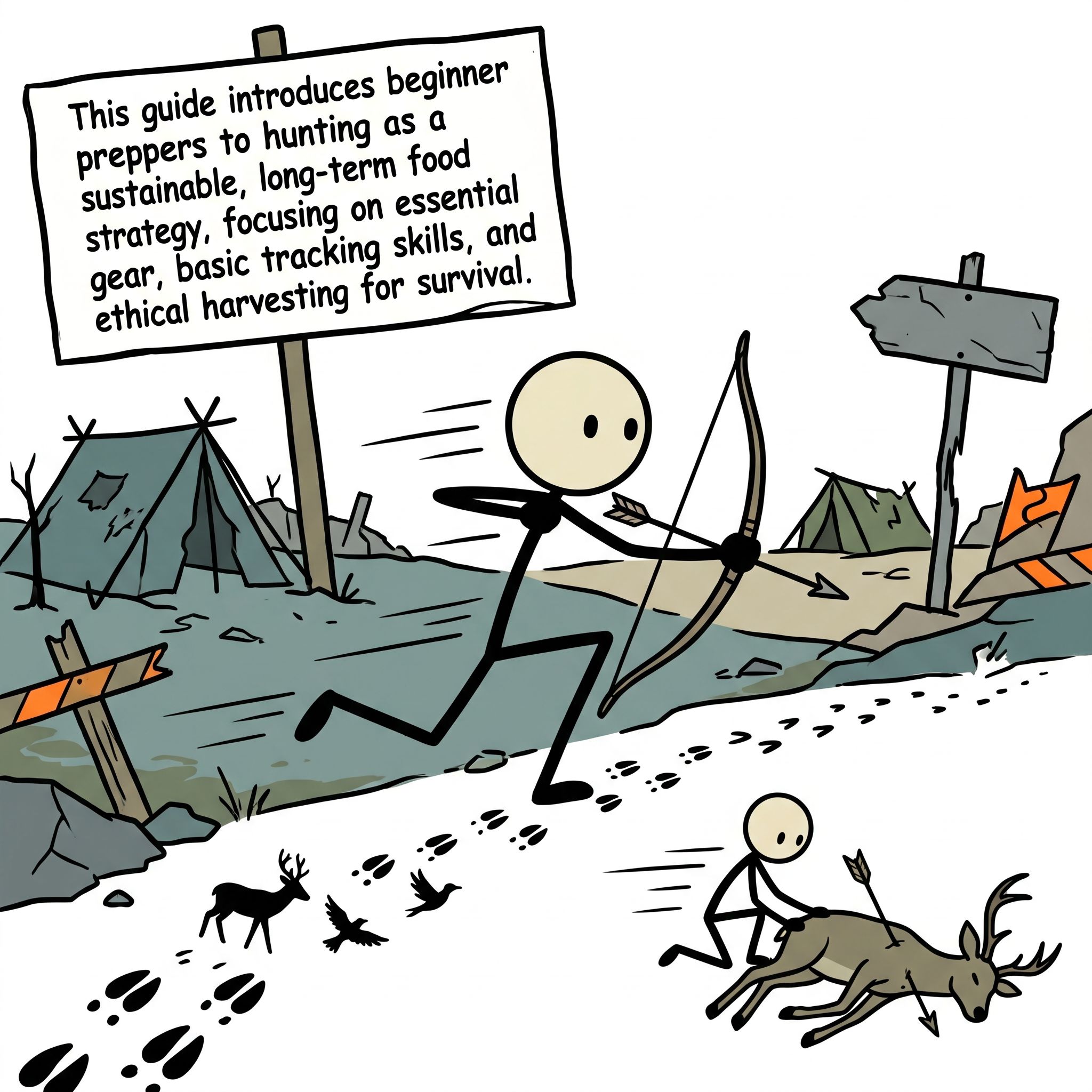 SC-style illustration for This guide introduces beginner preppers to hunting as a sustainable, long-term food security strategy, focusing on essential gear, basic tracking skills, and ethical harvesting for survival.