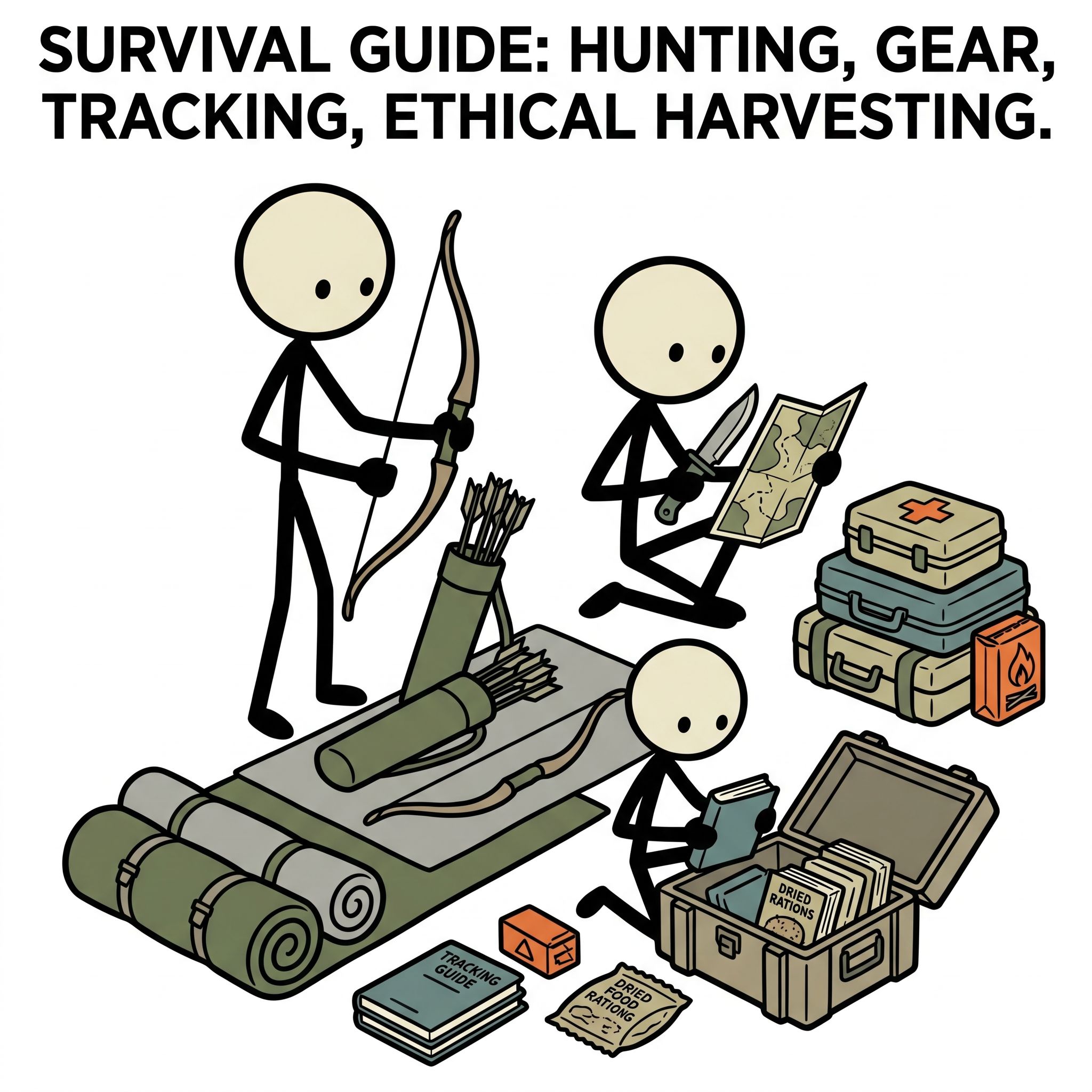 SC-style illustration for This guide introduces beginner preppers to hunting as a sustainable, long-term food security strategy, focusing on essential gear, basic tracking skills, and ethical harvesting for survival.