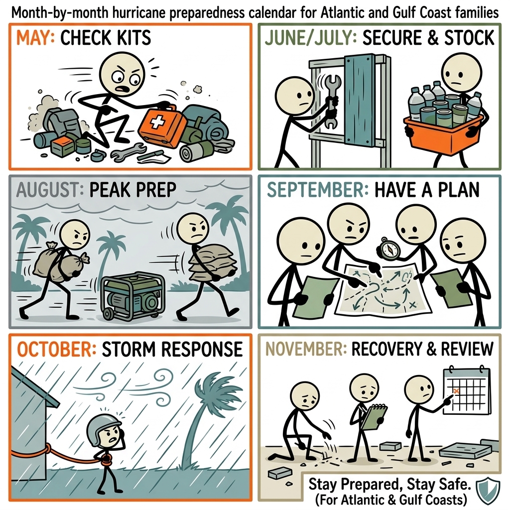 SC-style illustration for Month-by-month hurricane preparedness calendar for Atlantic and Gulf Coast families