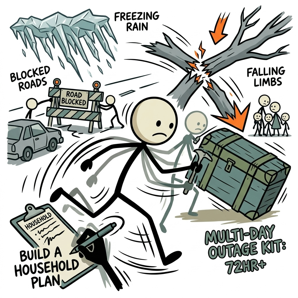 SC-style illustration for Build a household plan for freezing rain, blocked roads, falling limbs, and multi-day outages.