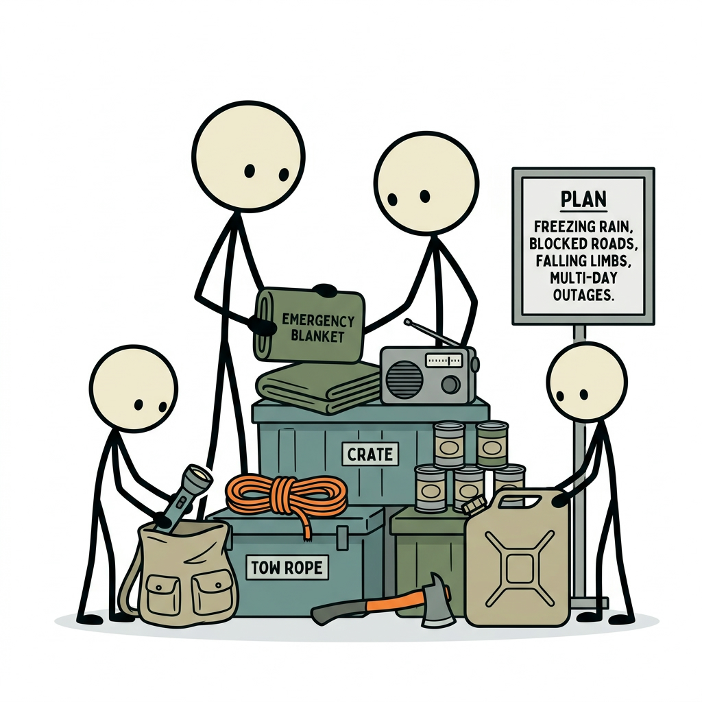 SC-style illustration for Build a household plan for freezing rain, blocked roads, falling limbs, and multi-day outages.