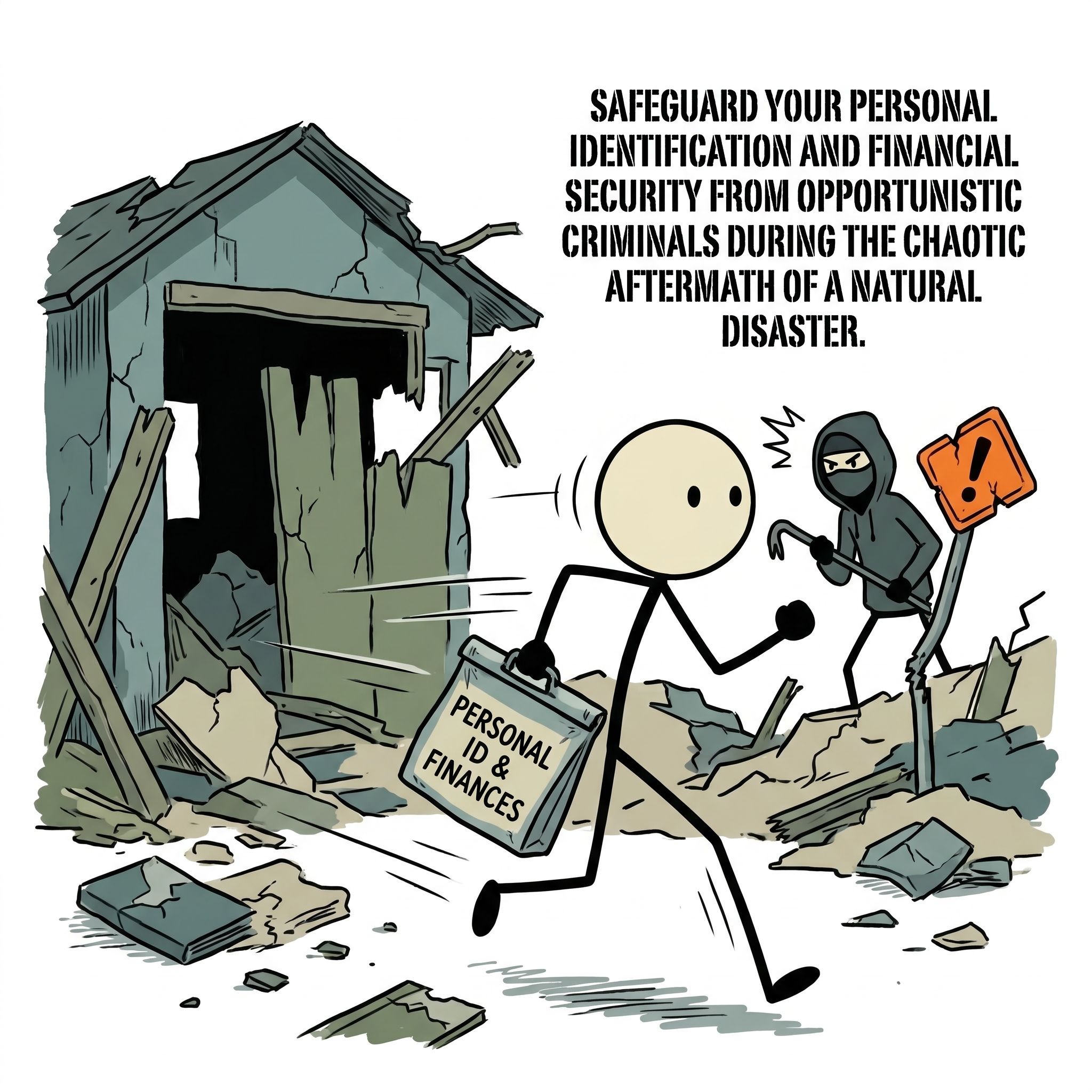 SC-style illustration for This guide details how to safeguard your personal identification and financial security from opportunistic criminals during the chaotic aftermath of a natural disaster.