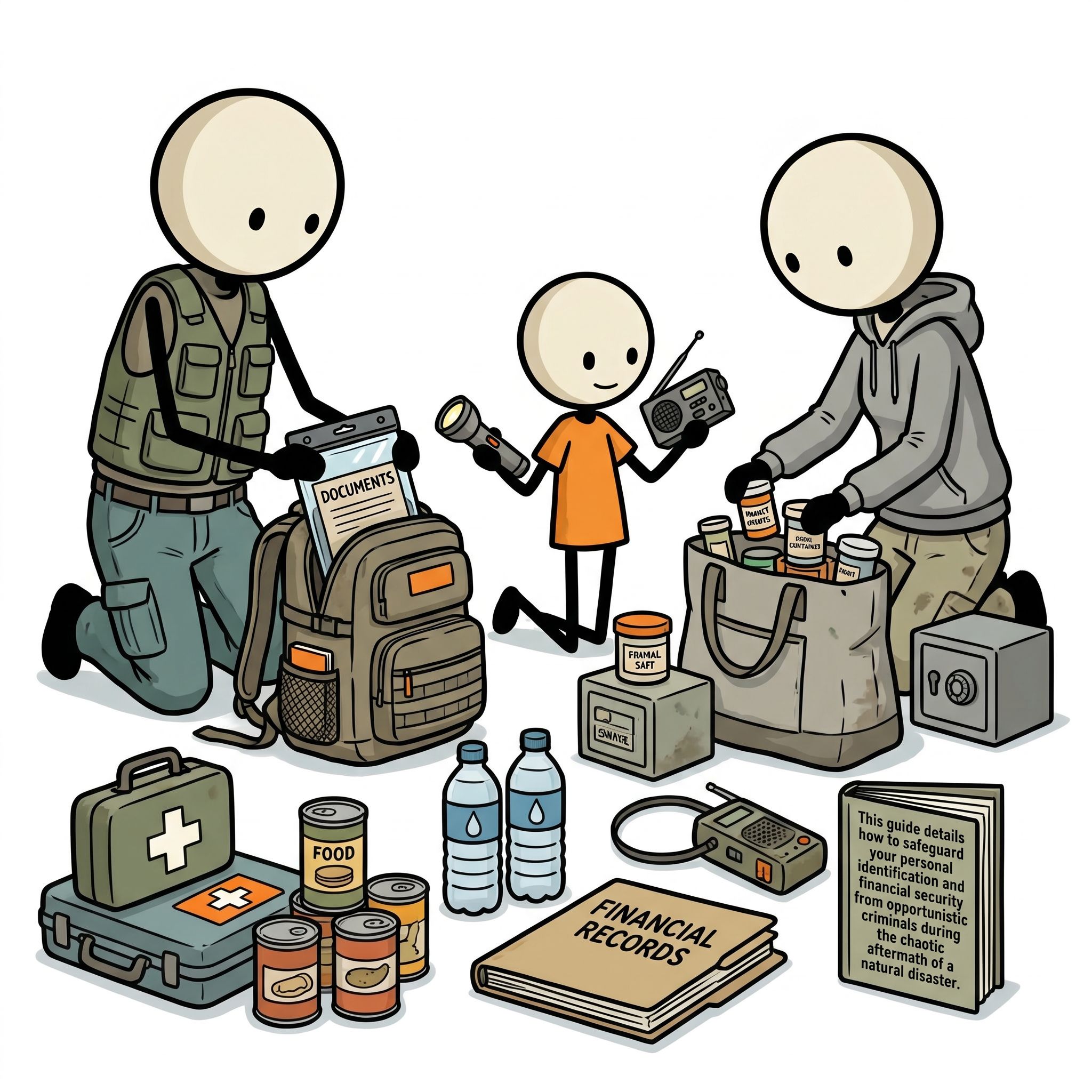 SC-style illustration for This guide details how to safeguard your personal identification and financial security from opportunistic criminals during the chaotic aftermath of a natural disaster.