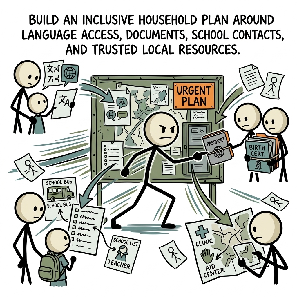 SC-style illustration for Build an inclusive household plan around language access, documents, school contacts, and trusted local resources.