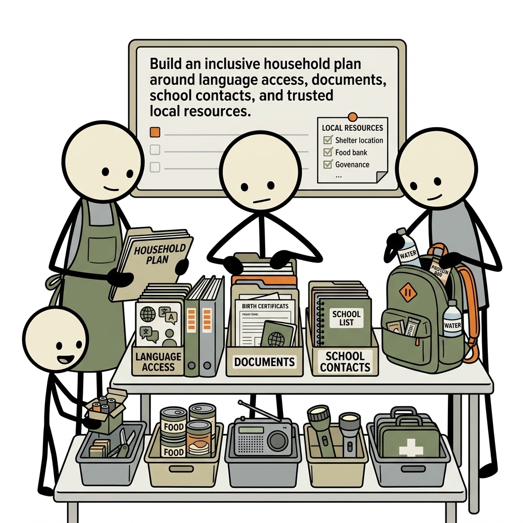 SC-style illustration for Build an inclusive household plan around language access, documents, school contacts, and trusted local resources.