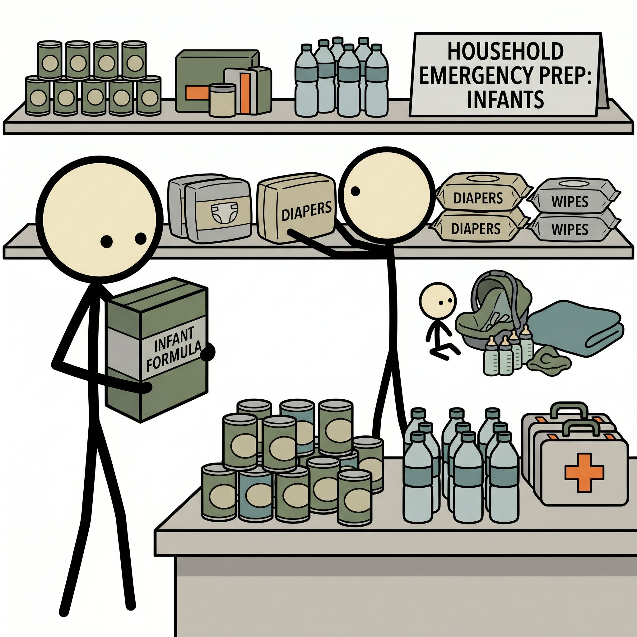 SC-style illustration for Covers the specific emergency preparedness needs of households with infants