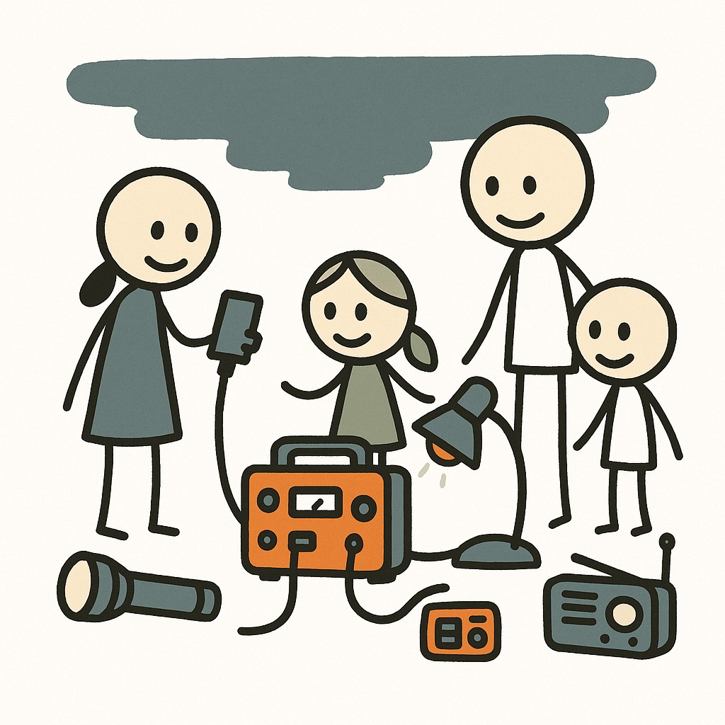 SC-style illustration: family using power station during outage