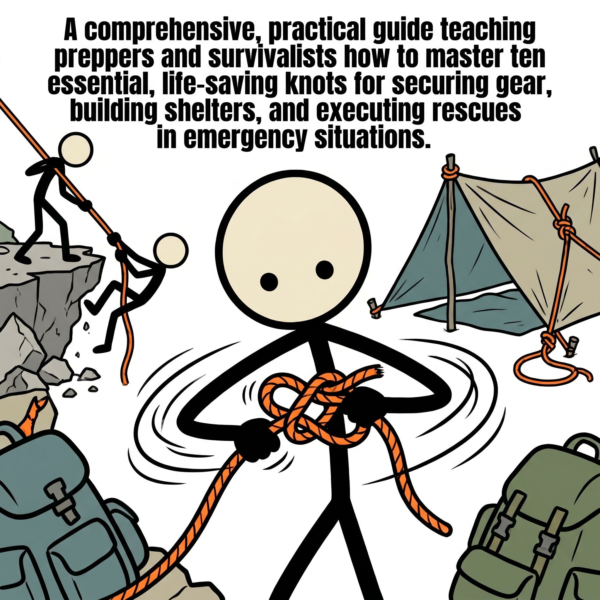 SC-style illustration for A comprehensive, practical guide teaching preppers and survivalists how to master ten essential, life-saving knots for securing gear, building shelters, and executing rescues in emergency situations.