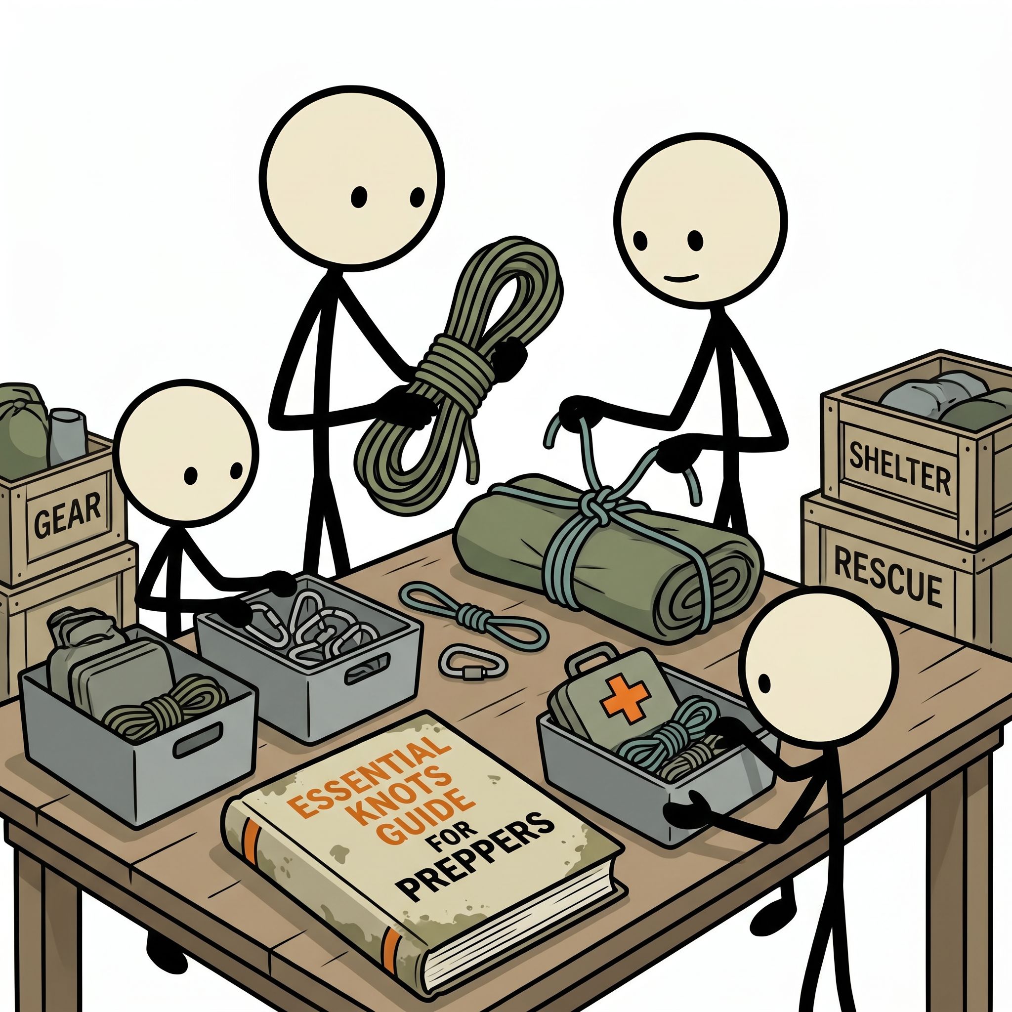 SC-style illustration for A comprehensive, practical guide teaching preppers and survivalists how to master ten essential, life-saving knots for securing gear, building shelters, and executing rescues in emergency situations.
