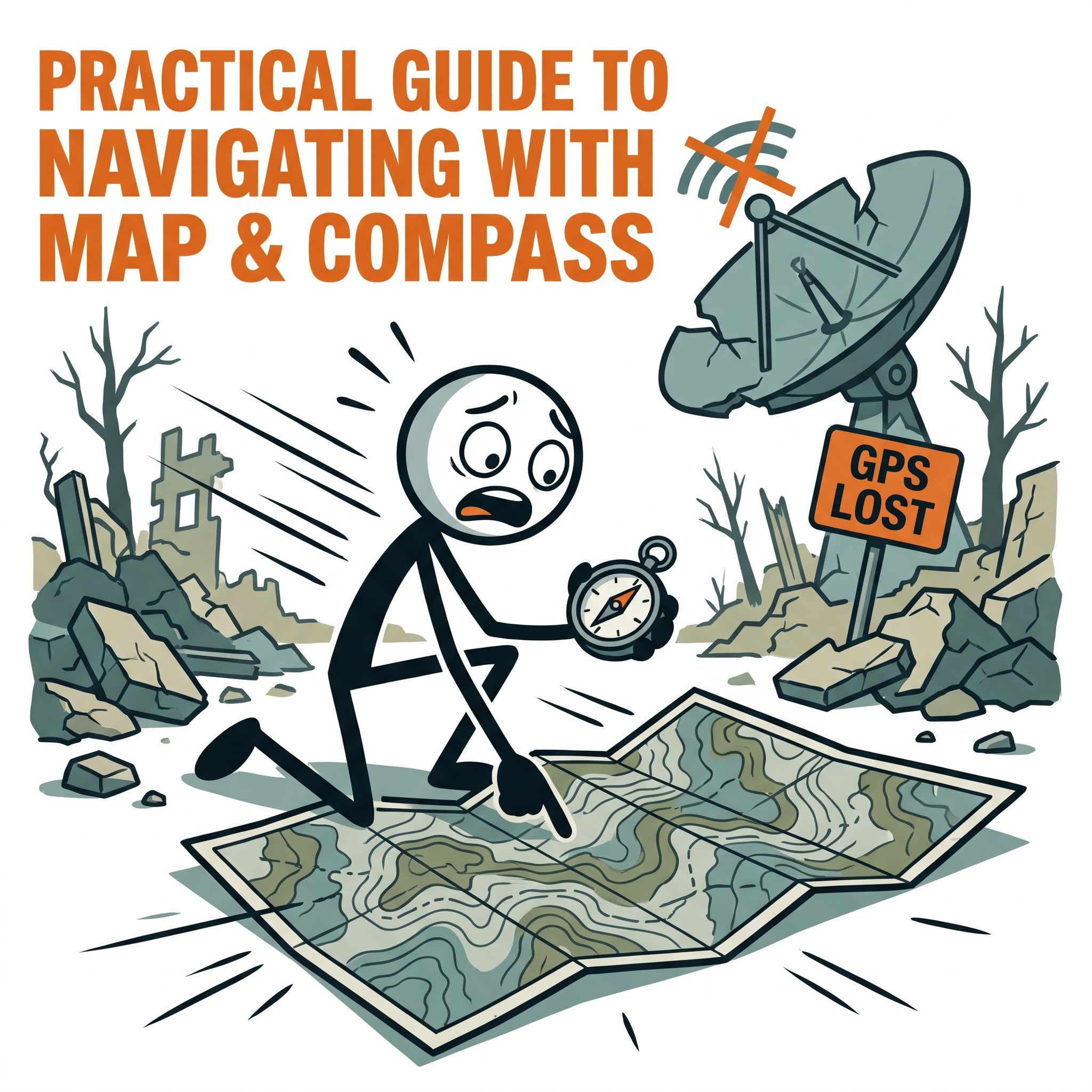 SC-style illustration for Practical guide to navigating with a topographic map and compass when GPS is unavailable