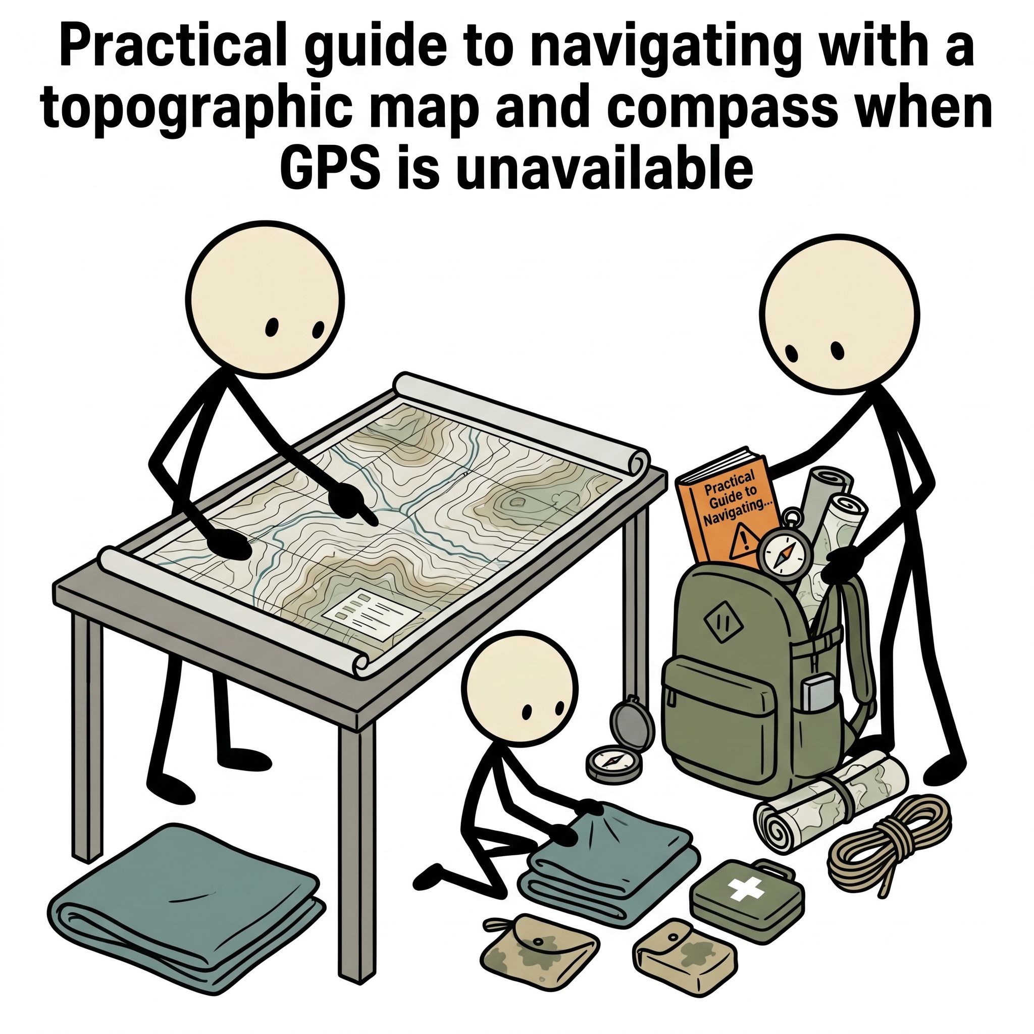 SC-style illustration for Practical guide to navigating with a topographic map and compass when GPS is unavailable