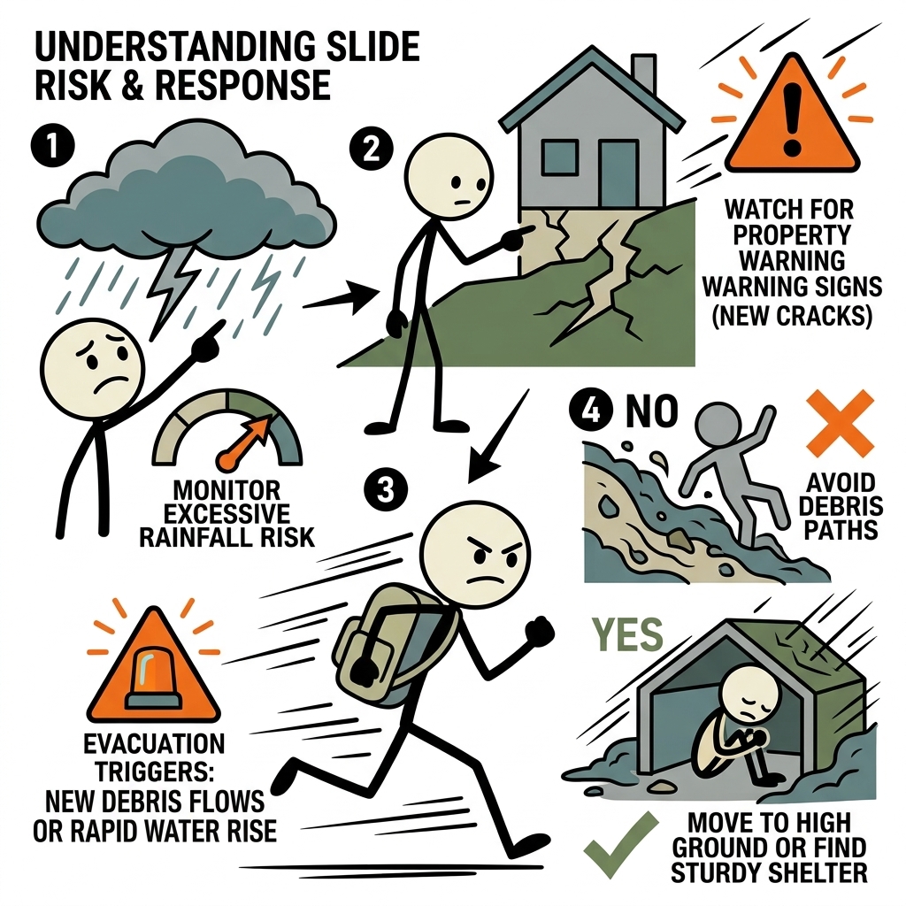 SC-style illustration for Cover rainfall risk, property warning signs, evacuation triggers, and safer actions during a slide.