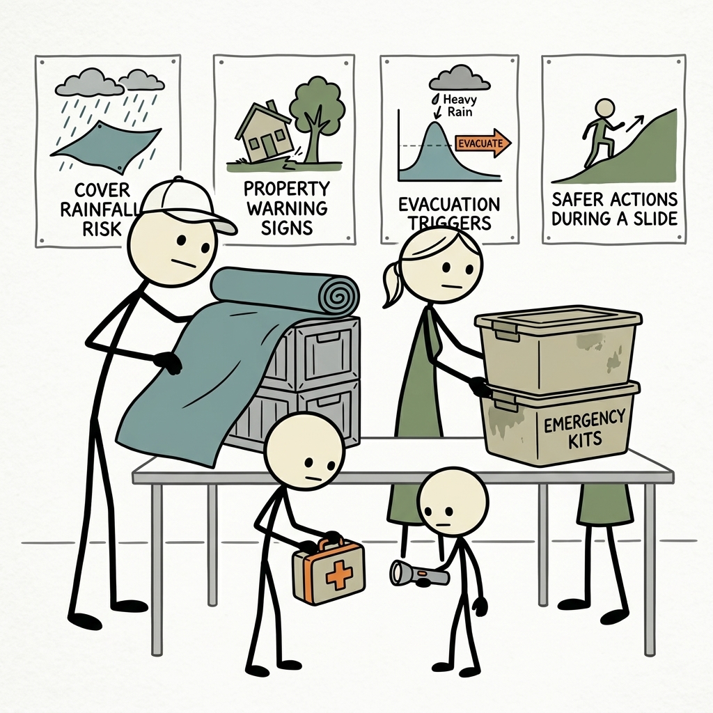SC-style illustration for Cover rainfall risk, property warning signs, evacuation triggers, and safer actions during a slide.