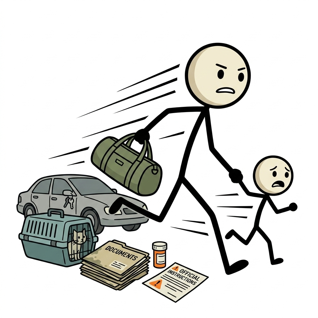 SC-style illustration for Prioritize people, medications, documents, utilities, pets, vehicles, and official instructions when time is short.
